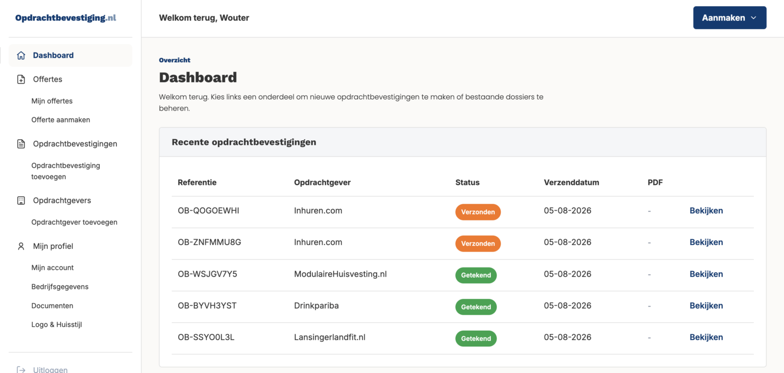 Dashboard - Opdrachtbevestigingen bekijken en beheren.